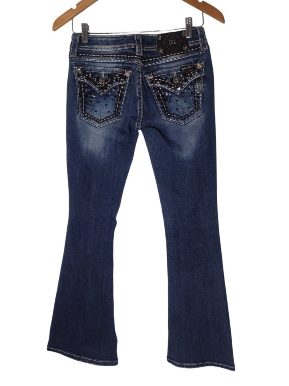 Miss Me Buckle Low Rise Flare Jeans 27 x 31 Black Sequins Rhinestones Flap